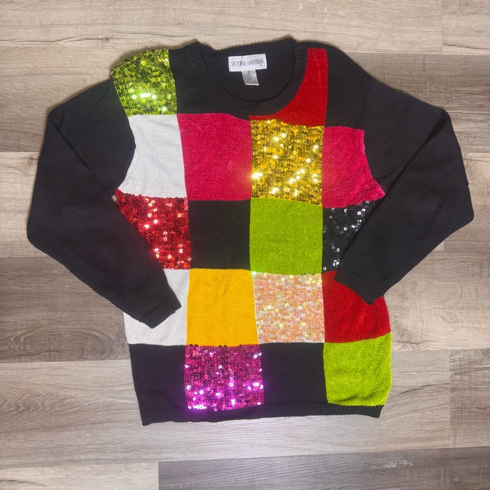 90s VICTORIA HARBOUR Colorful Patchwork Light Knit Sweater with Sequins